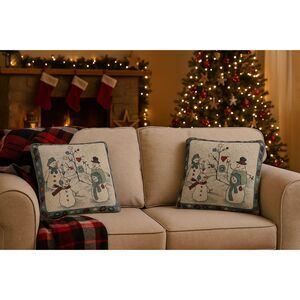 2 Throw Pillows Tapestry Snowmen Christmas Reversible Blue Snowflakes 15"x16"